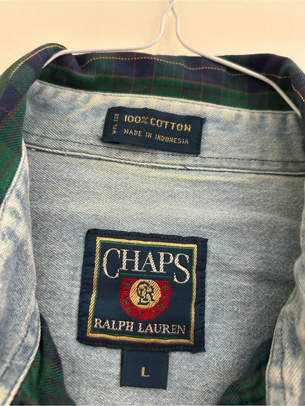 Chaps Ralph Lauren Men's Large Plaid Button Front Shirt Green Blue Cotton L